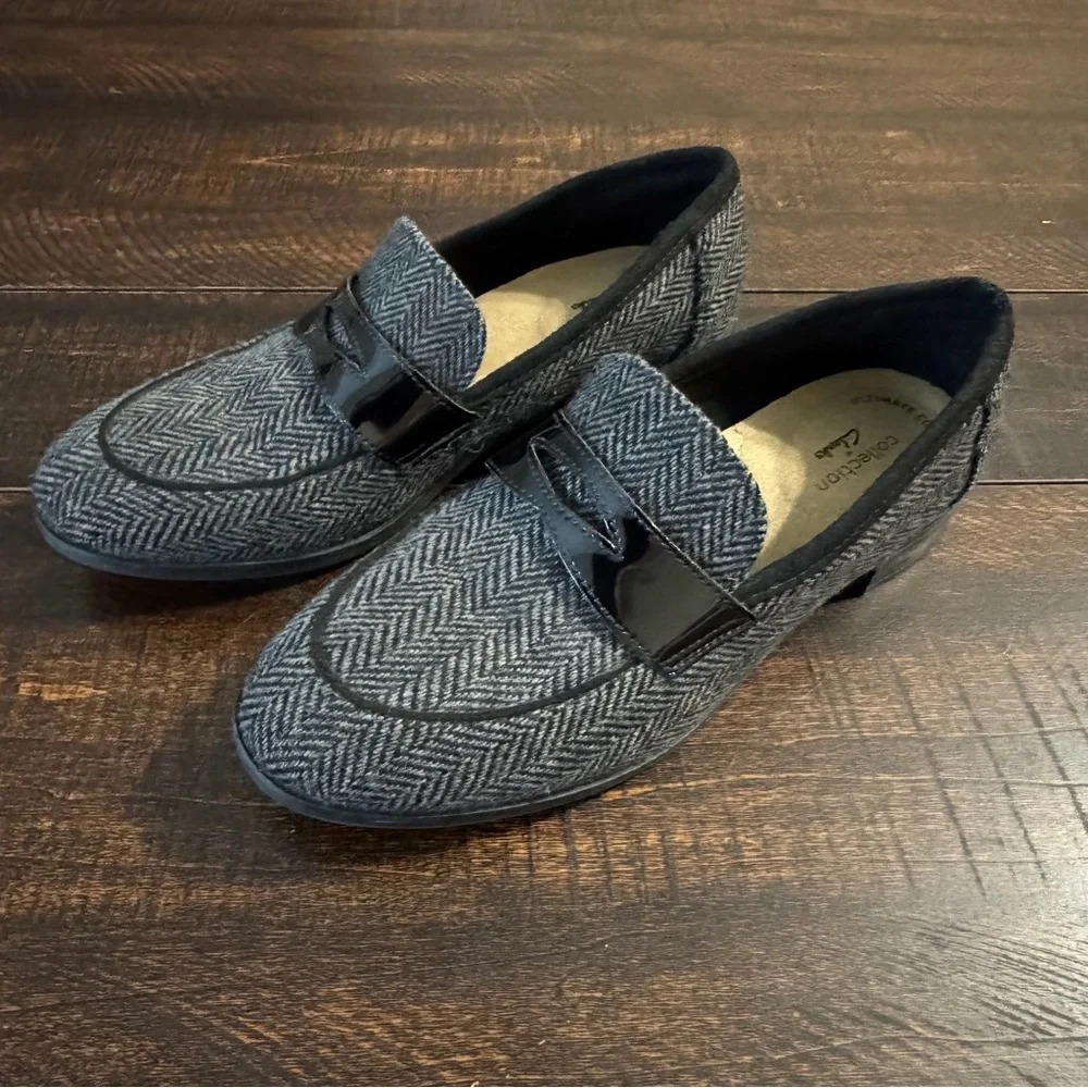 Clarks Juliet Lora Herringbone Penny Loafers Gray Black Size 7 Professional Work